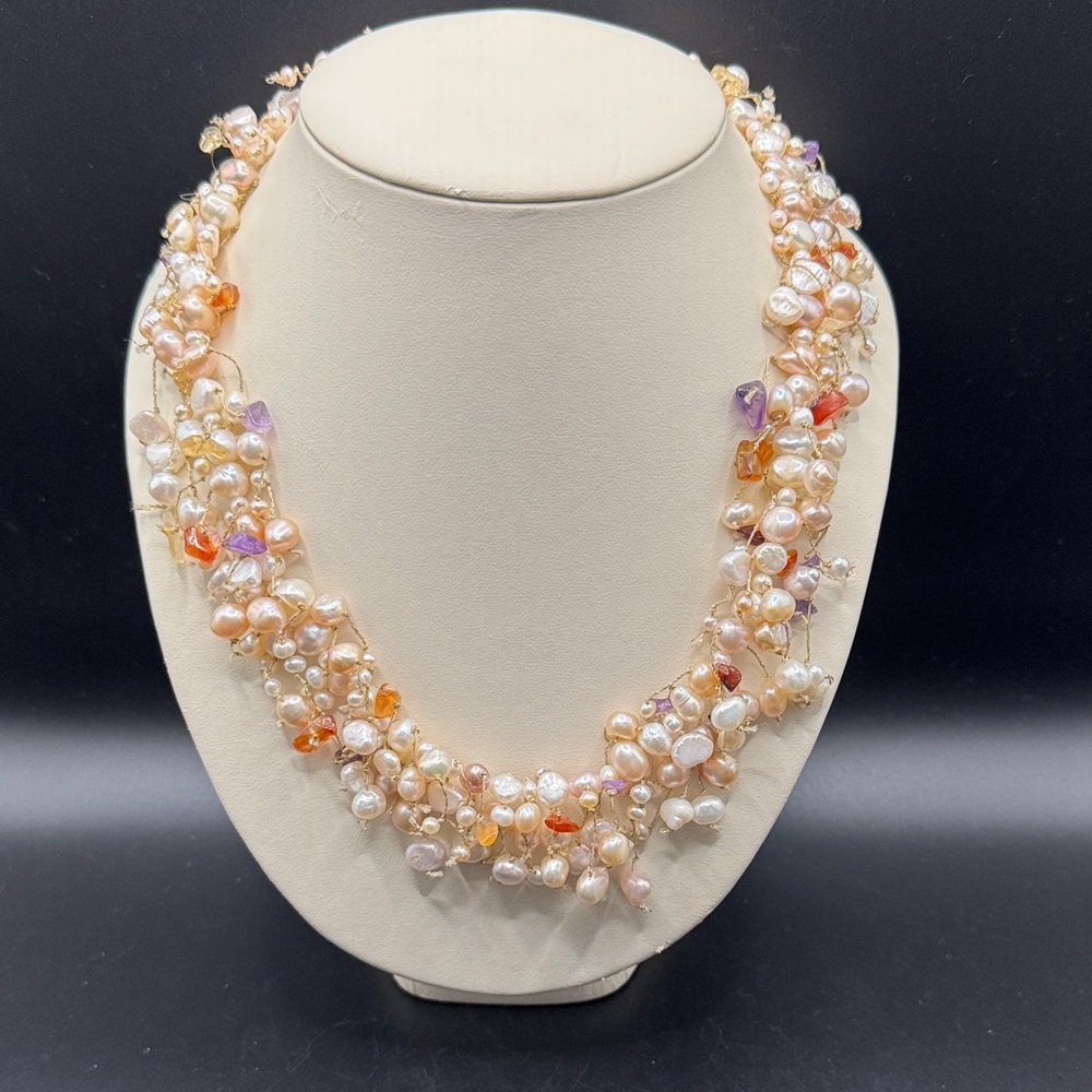 Vintage Light Pink Dangle Pearl Amethyst Quartz necklace 925 Sterling Layered